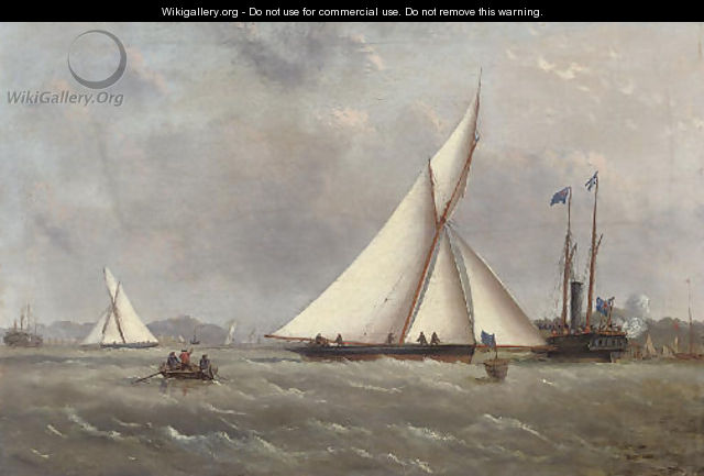 A big cutter approaching the turning mark with the crowded club steamer beyond - Arthur Wellington Fowles