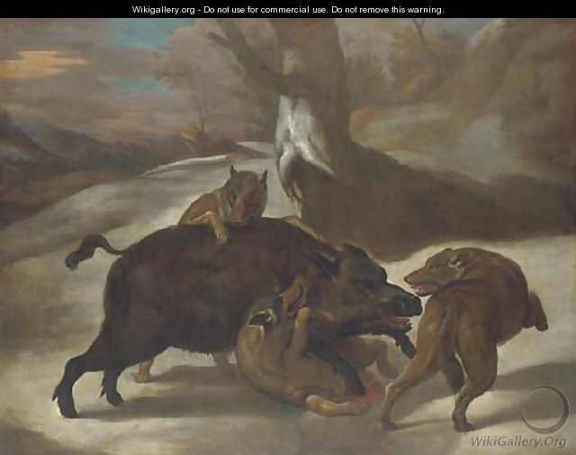 Wolves attacking a boar in a wooded landscape - (after) Abraham Danielsz Hondius