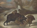 Wolves attacking a boar in a wooded landscape - (after) Abraham Danielsz Hondius