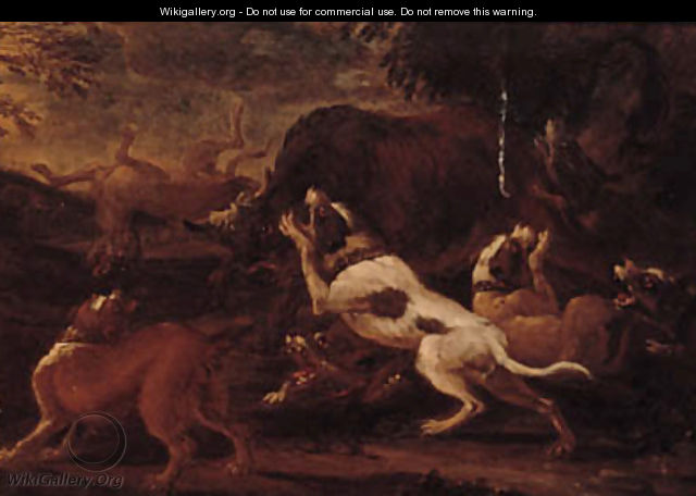 Hounds attacking lions; and Hounds attacking a bull - (after) Abraham Danielsz Hondius