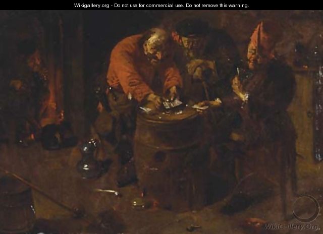 Elderly peasants playing cards on a barrell, in an interior - (after) Abraham Diepraam