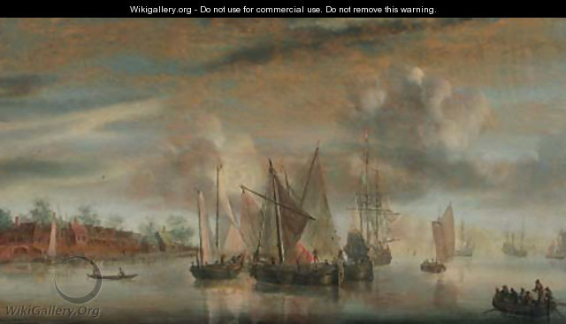 A calm Wijdships and a threemaster at anchor in a river estuary, at sunset - (after) Abraham De Verwer