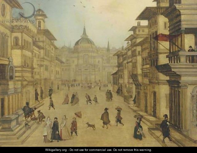 Elegant figures strolling in a Renaissance town - (after) Louis De Caullery