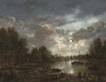 A moonlit river landscape with figures and shipping, a town beyond - (after) Aert Van Der Neer
