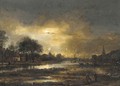 A moonlit landscape with two peasants conversing near a lake in the foreground - (after) Aert Van Der Neer