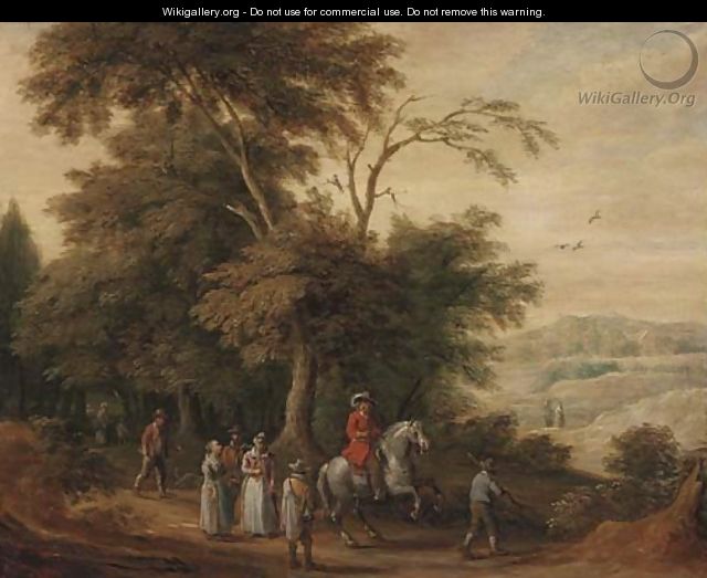 A wooded landscape with a cavalryman and other figures on a track - (after) Adriaen Van Stalbemt