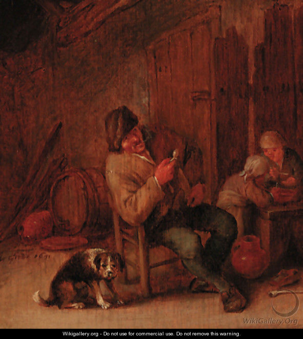 A boor smoking in an inn, with a dog and two children - (after) Adriaen Jansz. Van Ostade