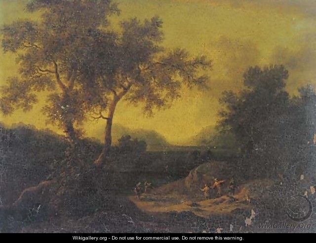 A wooded landcape with shepherds and other figures with a flock of sheep on a track - (after) Adriaen Frans Boudewijns