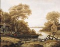 Fishermen in a pink moored by a river bank, in summer - (after) Abraham Van Westerveldt