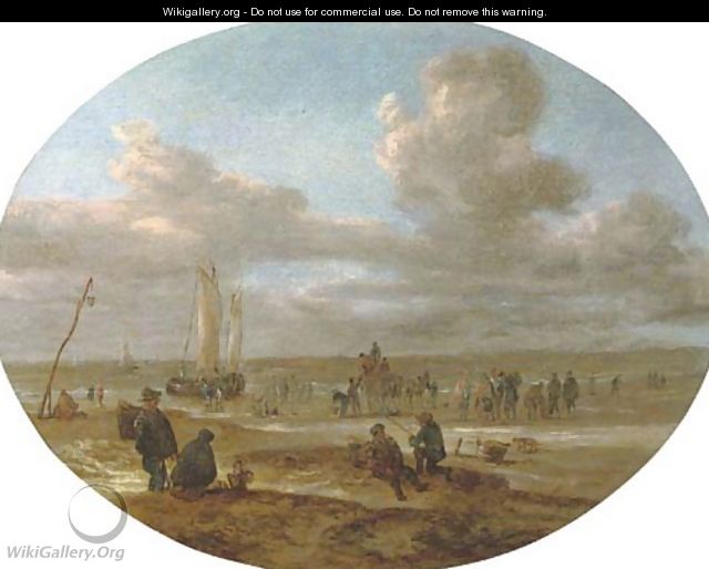 Fishermen trading on a beach with a sailing vessel in rough waters beyond - (after) Abraham Susenier