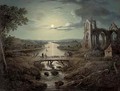 A moonlit view of the River Tweed with Melrose Abbey in the foreground and figures on a bridge - (after) Abraham Pether