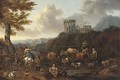 An Italianate landscape with drovers fording a river, the Temple of the Sibyl at Tivoli beyond - (after) Abraham Jansz. Begeyn