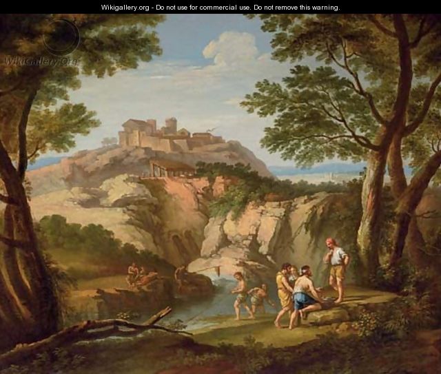 An Italianate river landscape with fishermen in the foreground and a hill town beyond - (after) Andrea Locatelli
