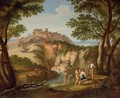 An Italianate river landscape with fishermen in the foreground and a hill town beyond - (after) Andrea Locatelli