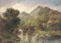 Figures crossing a bridge in a rocky river landscape - (after) Alfred Vickers