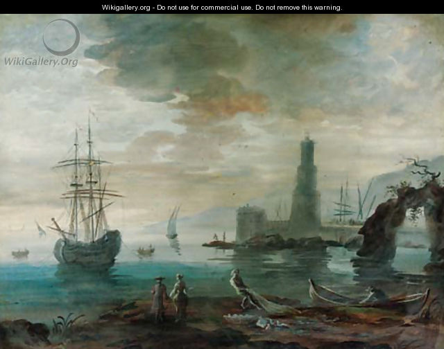 Figures at the waters edge and a sailing vessel at anchor with a castle beyond - (after) Alexandre-Jean Noel