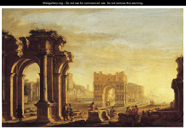 A capriccio of a Mediterranean port with figures amongst classical ruins - (after) Alessandro Salucci