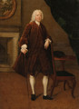Portrait of a gentleman, full-length, in a brown coat and waistcoat, his left arm resting on a chair, his right hand holding a cane, in an interior - Arthur Devis