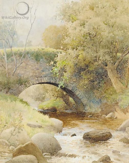 A bridge over a stream in a wooded landscape - Arthur Claude Strachan