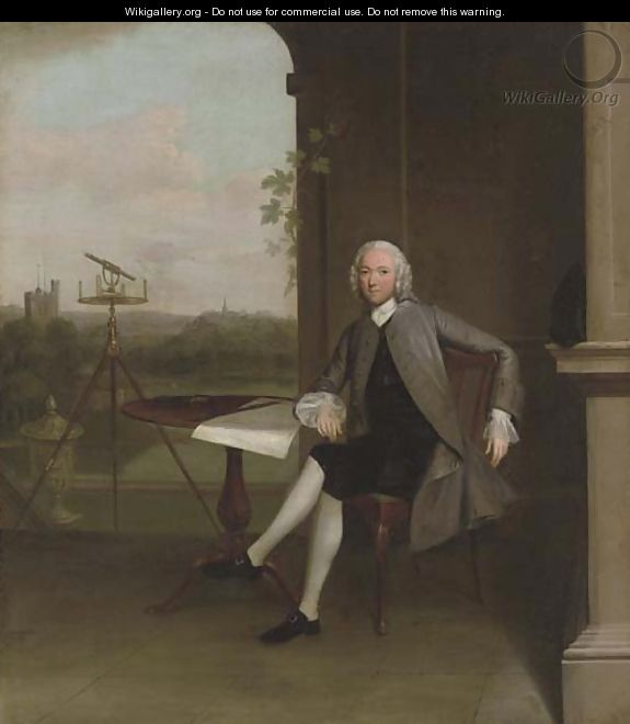 Portrait of Jonas Hanway, small full-length, seated at a table, beside a surveyor