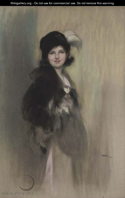 Portrait of Lady Dorothy Duveen, as a young girl, three-quarter-length, in a feathered hat - Artur Lajos Halmi