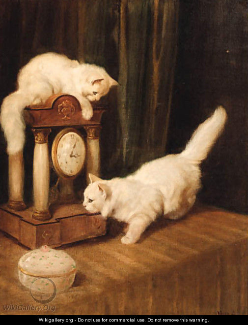 Two Persian cats with a clock on a table - Arthur Heyer