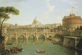 Rome, a view of the Tiber looking downstream with the Castel and Ponte Sant' Angelo, Saint Peter's Basilica and the Vatican, Santo Spirito in Sassia - Antonio Joli