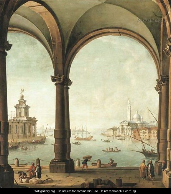 A capriccio of the Bacino di San Marco, Venice, from the entrance to the Giudecca, with the Punta della Dogana and San Giorgio Maggiore - Antonio Joli