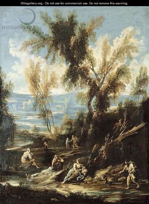 A wooded river landscape with washerwomen and other figures - Antonio Francesco Peruzzini