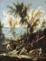 A wooded river landscape with washerwomen and other figures - Antonio Francesco Peruzzini