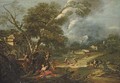 An Italianate river landscape with Juno resting under a tree with putti, a fountain nearby - Antonio Diziani