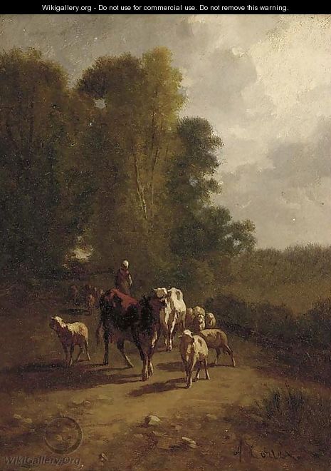 A drover with cattle and sheep on a wooded track - Antonio Cordero Cortes