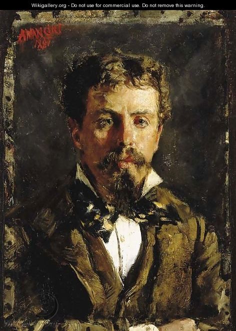 Portrait of a young gentleman, wearing a white shirt, cravatte and brown waistcoat and jacket - Antonio Mancini
