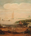 A river landscape with a fisherboy mending a net seated on a punt on the shoreline, other shipping beyond - Arentsz van der Cabel