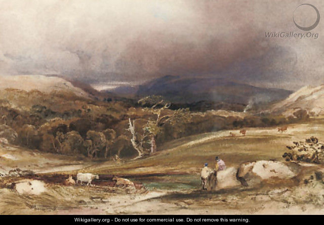 An extensive landscape with cattle and figures in the foreground - Anthony Vandyke Copley Fielding
