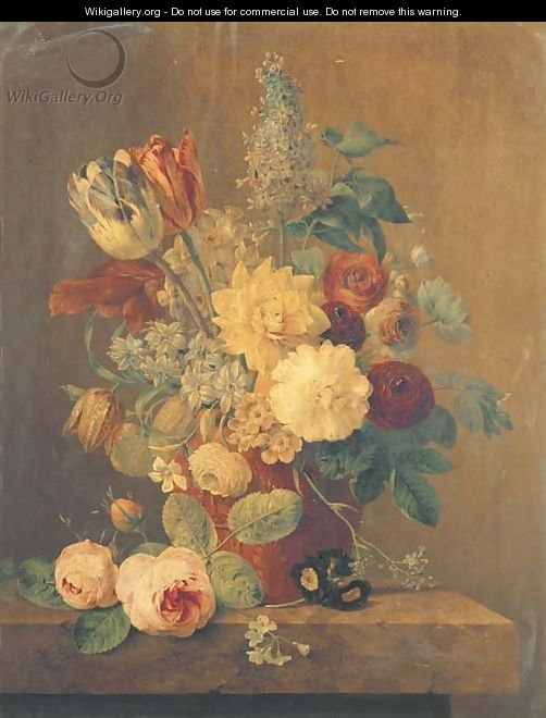 Parrot tulips, roses, morning glory, narcissi and other flowers in a terracotta pot on a marble ledge - Anthony Oberman