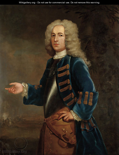 Portrait of Henry Boyle (d.1756), Captain of Horse, three-quarter-length, in a breastplate and blue coat with gold trim, in a landscape - Anthony Lee