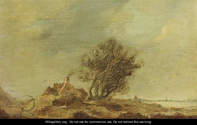 An extensive landscape with a cottage by a tree - Anthony Jansz van der Croos