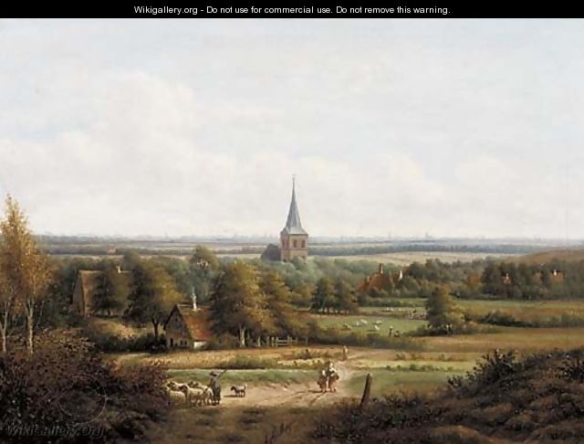 A panoramic view of a valley with a village in the foreground - Anthony Andreas De Meijier
