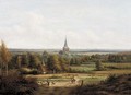 A panoramic view of a valley with a village in the foreground - Anthony Andreas De Meijier