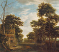 A wooded landscape with a dog barking at a swineherd and pig on a path - Anthonie Waterloo