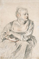 A seated woman with a generous dcollet, her arms folded on her lap, looking to the right - Jean-Antoine Watteau