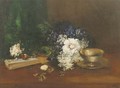 White and blue flowers, a fan and a pocketwatch - Antoine Vollon