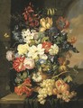 Roses, morning glory, an iris and other flowers in a sculpted urn with grapes and a pomegranate on a partly-draped ledge - Anton Hartinger