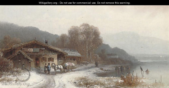 Children skating by a lakeside chalet - Anton Doll