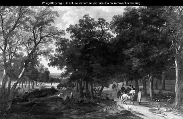 An extensive wooded landscape with huntsmen pausing on a track - Antoine Pierre Mongin