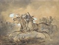 An Egyptian horseman blowing up a gun, the French infantry fighting the Egyptians in the background - Carle Vernet