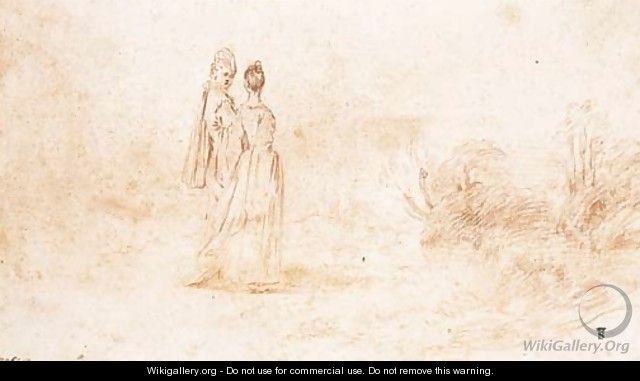 An elegant couple walking in an extensive landscape - Jean-Antoine Watteau