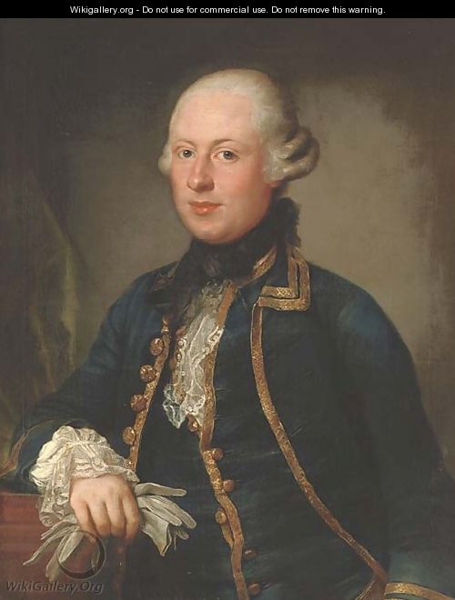 Portrait of Thomas Charles Bigge (c.1739-1794), of Benton House, Northumberland, half-length, in a blue coat with gold trim, holding a pair of gloves - Anton von Maron
