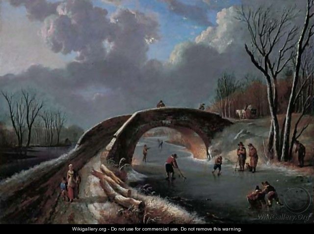 A winter landscape with skaters on a frozen river - Andries Vermeulen